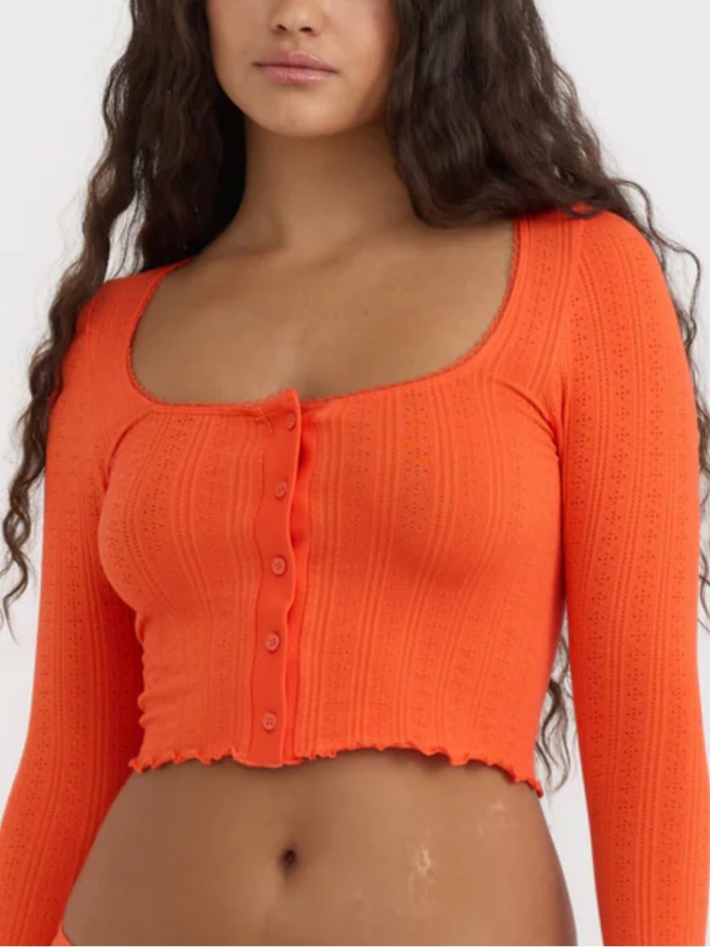 Organic Basics Pointelle Cardigan in Vibrant Red Ultra Cropped